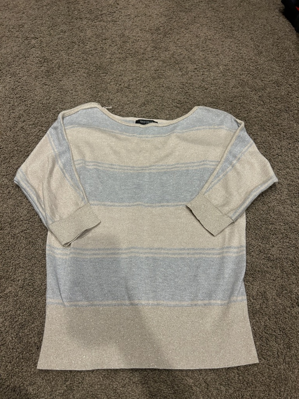 White House Black Market Shimmery Striped Knit Top in Light Blue and Cream